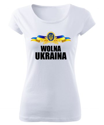 Koszulka damska WOLNA UKRAINA z flagą Ukrainy, biała