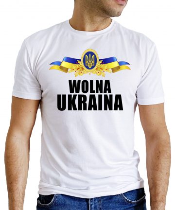 Koszulka męska WOLNA UKRAINA z flagą, chwała Ukrainy, biała
